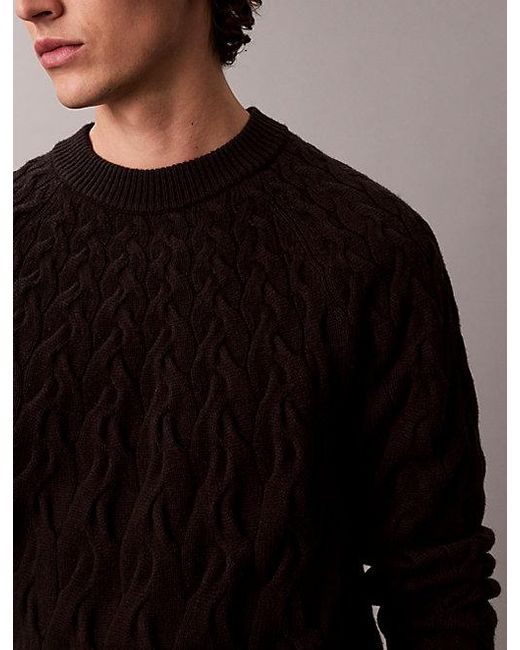 Calvin Klein Black Lambswool Blend Cable Knit Crewneck Jumper for men