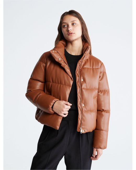 Calvin Klein Faux Leather Puffer Jacket in Brown | Lyst Canada