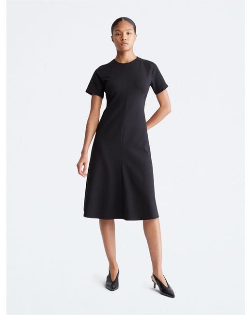 Calvin Klein Black Short Sleeve Flare Skirt Midi Dress