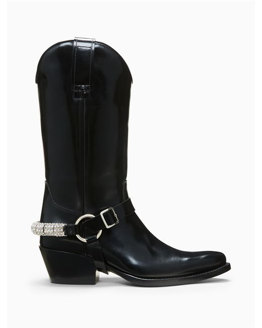 CALVIN KLEIN 205W39NYC Black Western Ankle Boot In Calf Leather With Crystal Harness