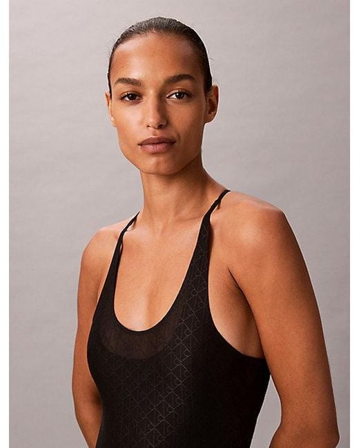 Calvin Klein Black Sport Monogram Logo Mesh Bodysuit