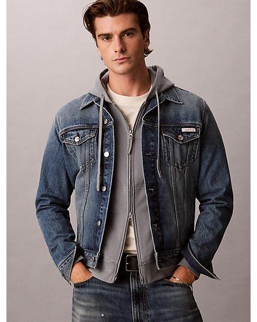 Calvin Klein Gray Jeans Cotton Terry Badge Zip Hoodie for men