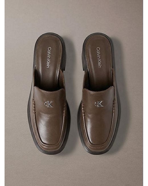 Calvin Klein Brown Leather Platform Block Heel Mules