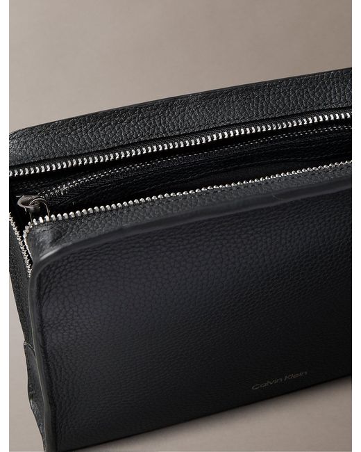 Calvin Klein Black Small Full-Grain Leather Logo Wash Bag for men