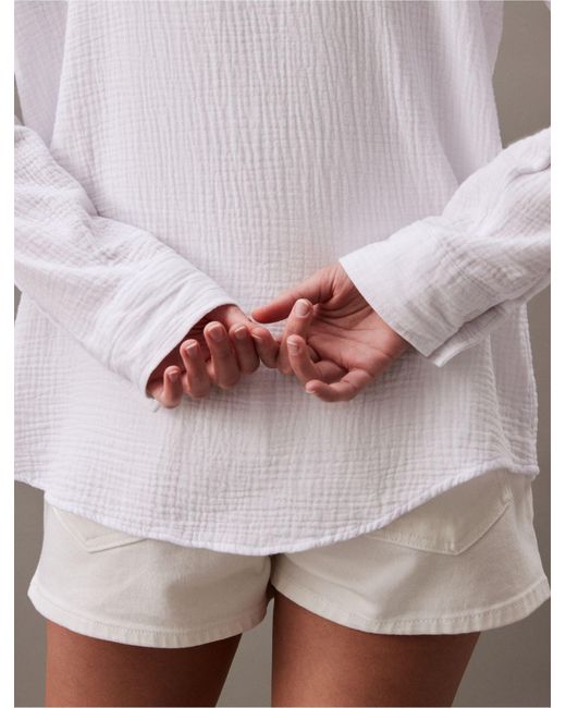 Calvin Klein White Textured Button-front Roll-sleeve Shirt