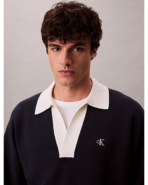 Calvin Klein Black Jeans Cotton Relaxed Johnny Collar Sweater for men