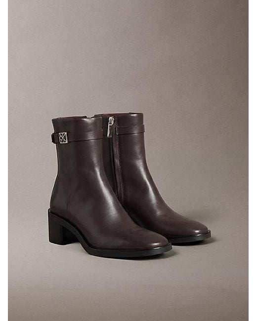 Calvin Klein Brown Leather Block Heel Ankle Boots