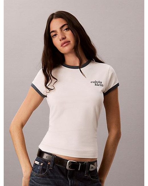 Calvin Klein White Ringer-T-Shirt Mit Besticktem Logo