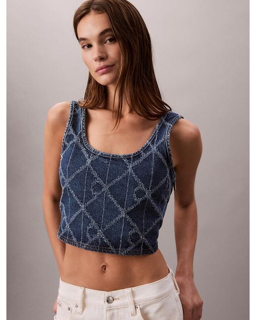 Calvin Klein Blue Denim Allover Monogram Cropped Tank Top