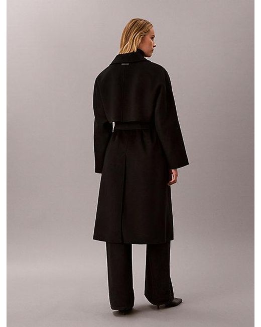 Calvin Klein Black Double Faced Wool Blend Wrap Coat