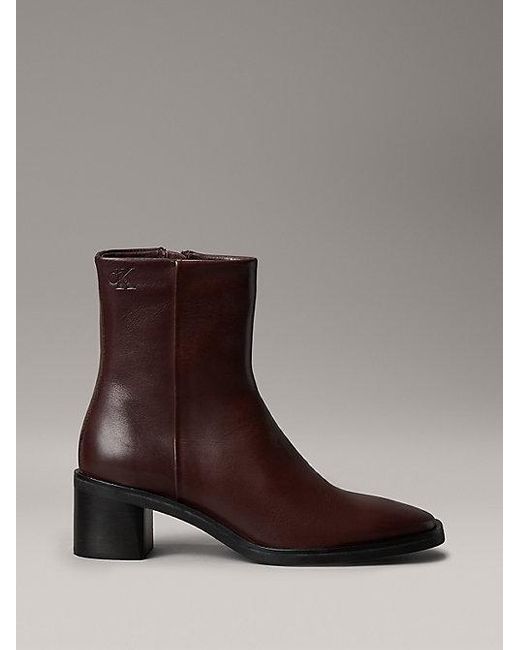 Calvin Klein Brown Kniehohe Ankle Boots Aus Leder Mit Quadratischem Zehenbereich Und Reißverschluss