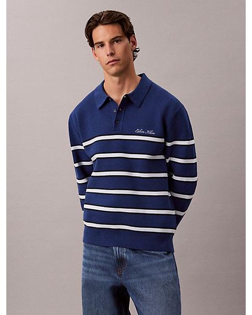 Calvin Klein Blue Jeans Cotton Stripe Polo Jumper for men