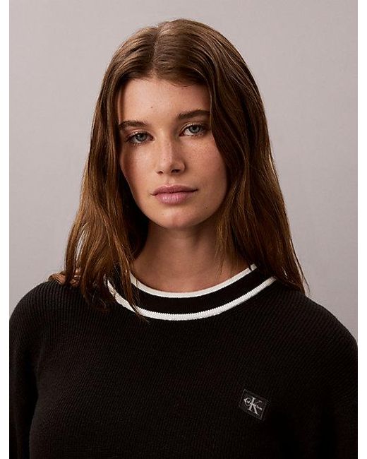 Calvin Klein Black Jeans Cotton Knit Stripe Trim Jumper