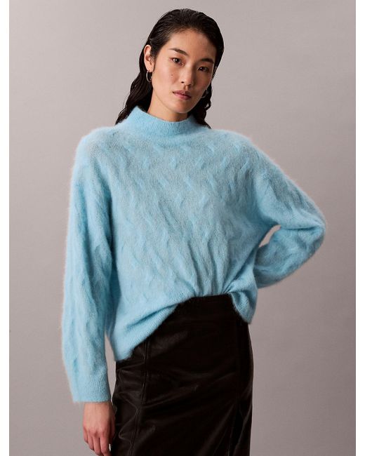 Calvin Klein Blue Brushed Alpaca Blend Printed Turtleneck Jumper