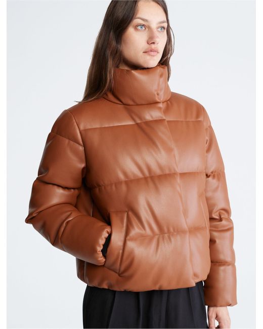 Calvin Klein Brown Faux Leather Puffer Jacket
