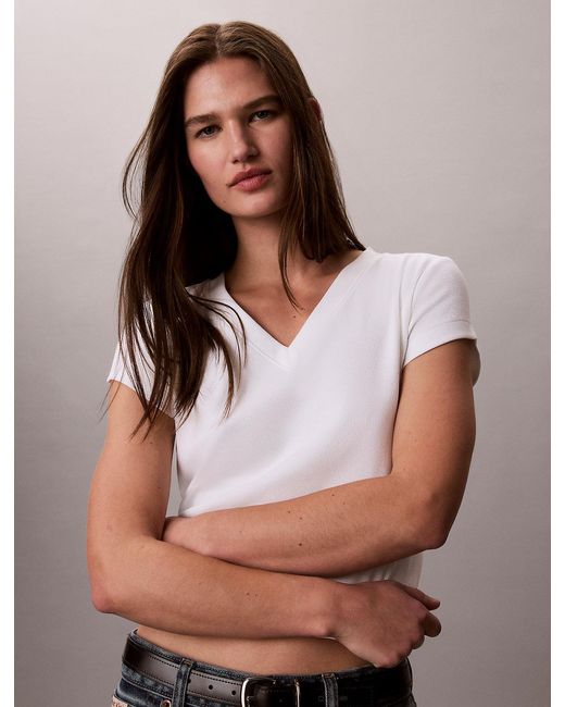Calvin Klein White Ribbed Cotton V-Neck T-Shirt