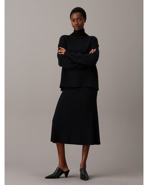 Calvin Klein Black Relaxed Ribbed Wool Midi Skirt