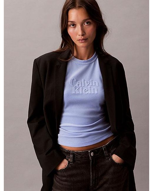 Calvin Klein Blue Jeans Velour Embossed Logo Graphic Slim T-Shirt