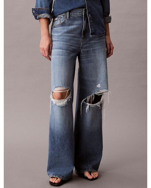 Calvin Klein Blue Low Rise Distressed Baggy Jeans