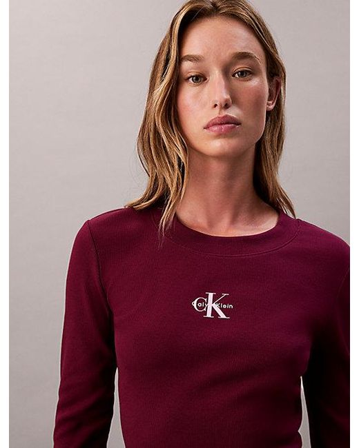 Calvin Klein Red Jeans Monologo Long Sleeve Rib Baby Tee