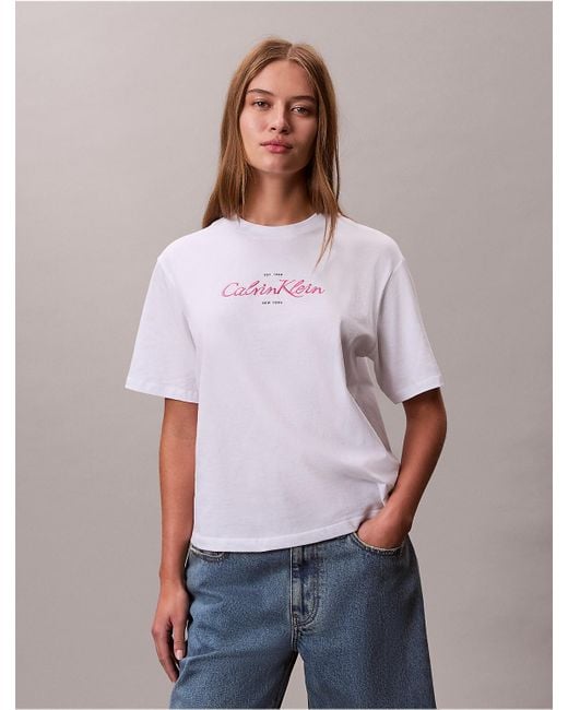 Calvin Klein White Calvin Klein Shine Script Logo Boxy T-Shirt