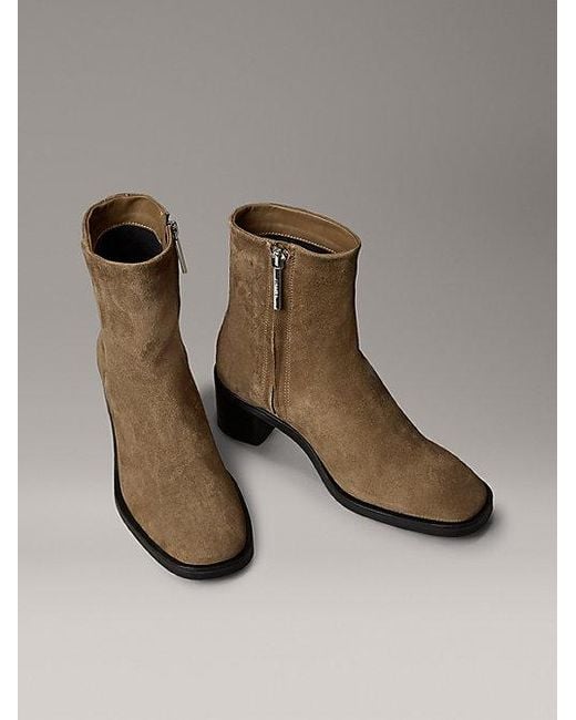 Calvin Klein Suède Enkellaarzen Met Rits En Vierkante Neus in het Brown