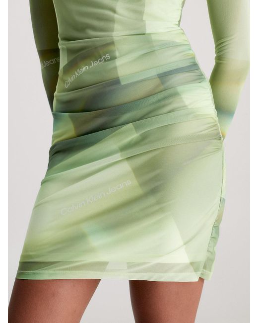 Calvin Klein Green Double Layer Mesh Printed Dress