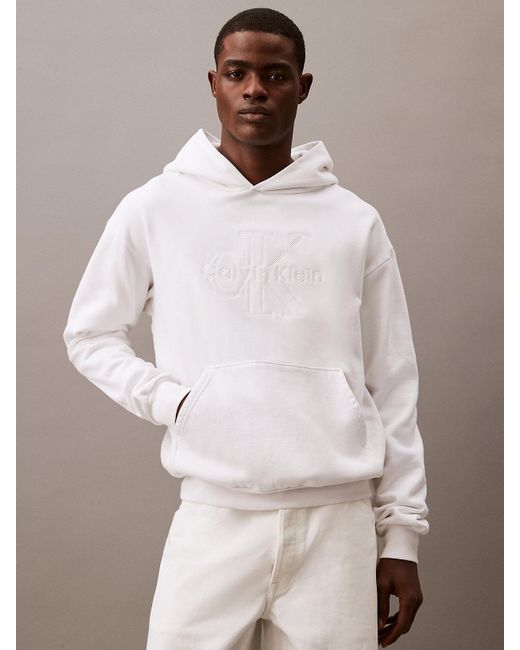 Calvin Klein White Tonal Embroidered Logo Fleece Hoodie for men