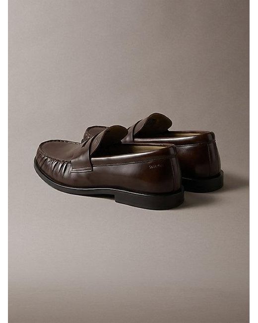 Calvin Klein Brown Theo Leather Pleated Penny Loafers for men
