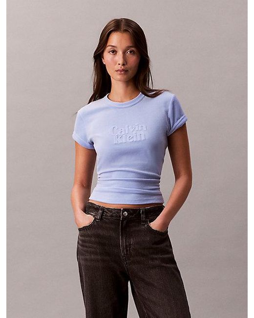 Calvin Klein Blue Jeans Velour Embossed Logo Graphic Slim T-Shirt
