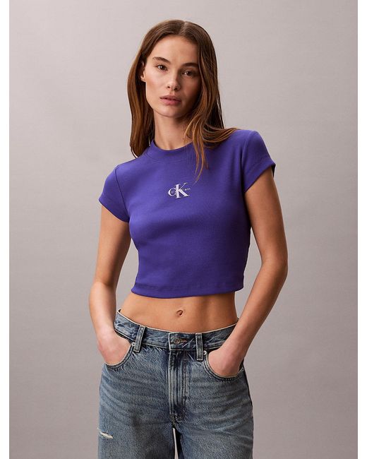 Calvin Klein Purple Slim Ribbed Cotton Logo T-Shirt