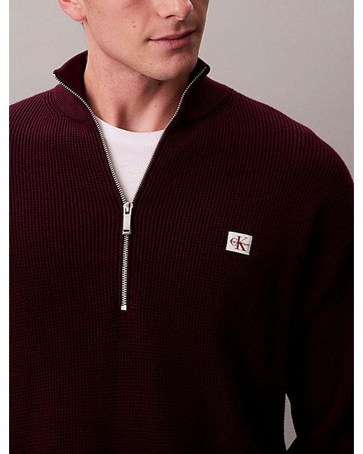 Calvin Klein Red Cotton Waffle Quarter Zip Jumper for men