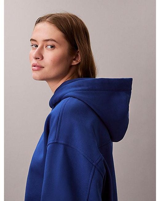 Calvin Klein Blue Jeans Fleece Script Logo Graphic Cropped Hoodie