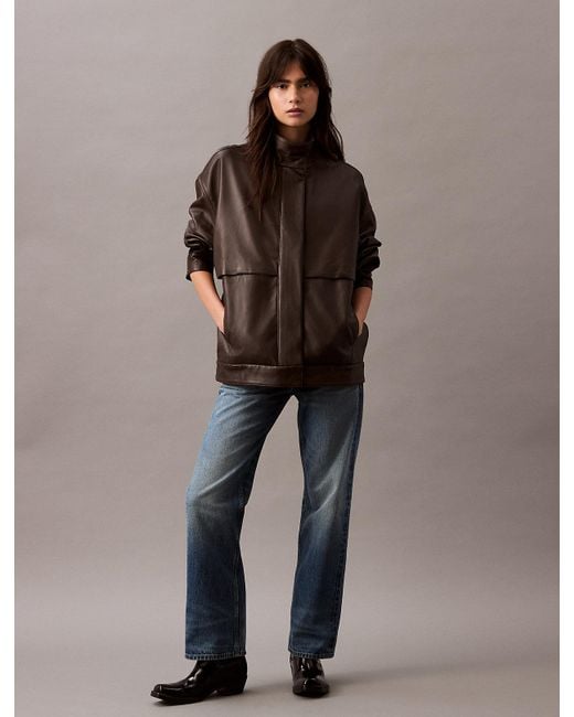 Calvin Klein Brown Leather Bomber Jacket