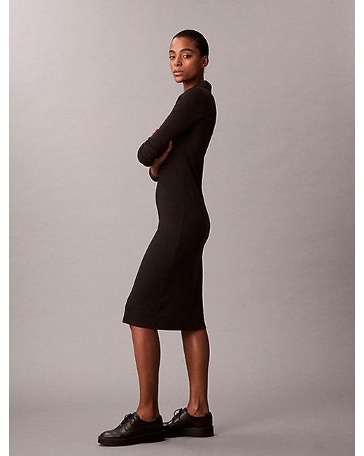 Calvin Klein Black Jeans Woven Monologo Rib Midi Dress