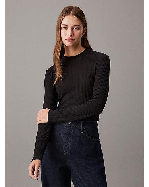Calvin Klein Blue Leicht Transparentes, Langärmliges Top Mit Rippen