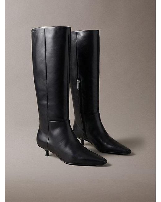Calvin Klein Black Leather Kitten Heel Knee Boots