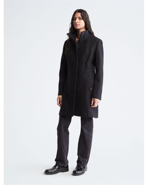 Calvin Klein Funnel Wool Overcoat in Black | Lyst