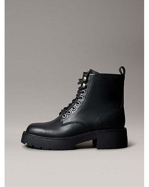 Calvin Klein Black Jeans Leather Chunky Heeled Lace Up Boots