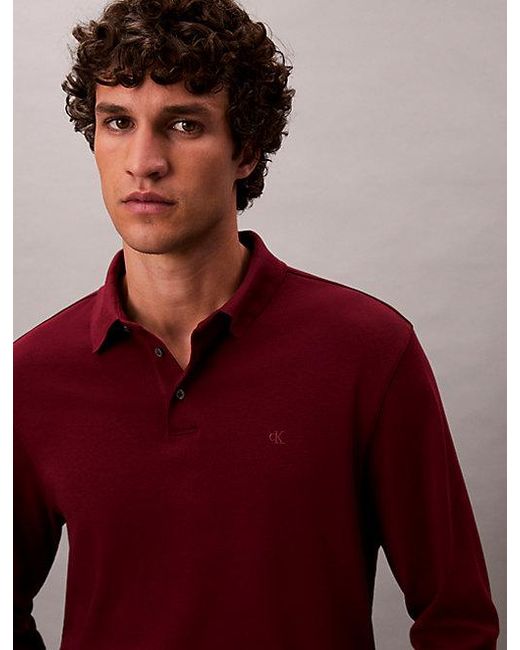 Calvin Klein Red Supima Cotton Long Sleeve Polo Shirt for men
