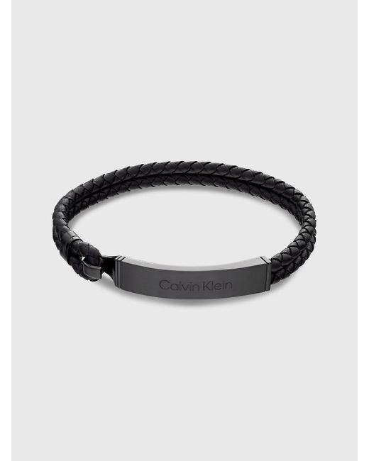 Calvin Klein Black Metal Logo Plaque Leather Bracelet for men
