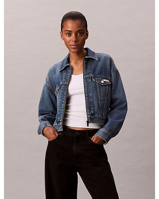 Calvin Klein Blue Jeans Cropped Zip Up Denim Jacket