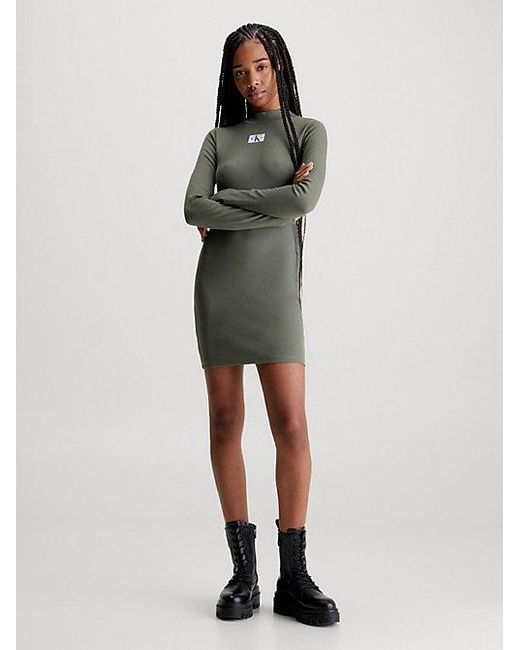Calvin Klein Green Schmales, geripptes, langärmliges Kleid