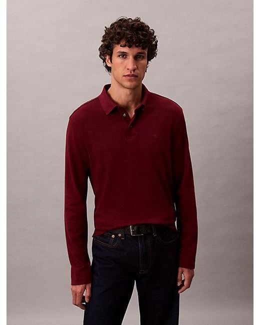 Calvin Klein Red Supima Cotton Long Sleeve Polo Shirt for men