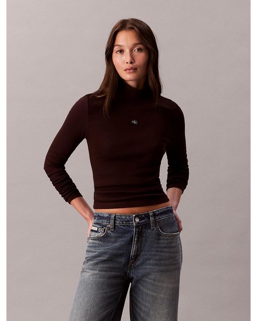 Calvin Klein Brown Ribbed Cotton Turtleneck Top