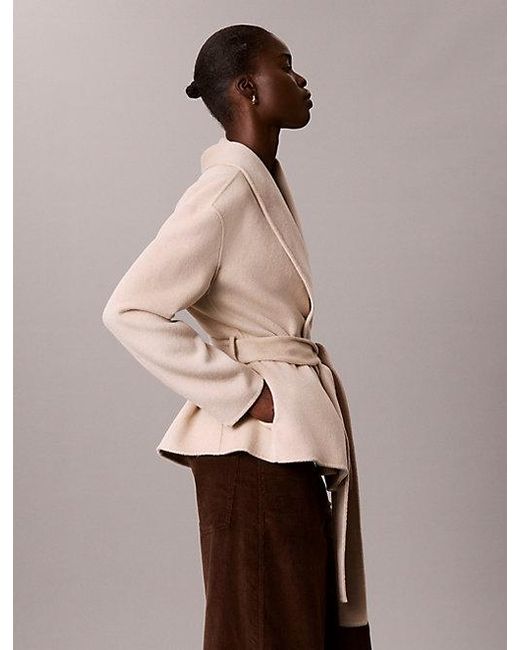 Calvin Klein Natural Wool Blend Shawl Collar Wrap Coat