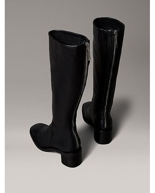 Calvin Klein Black Leather Square Toe Zip Knee Boots