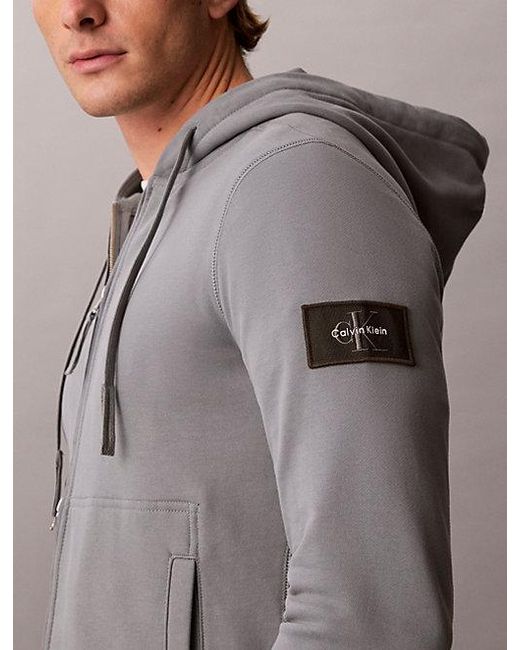 Calvin Klein Gray Jeans Cotton Terry Badge Zip Hoodie for men