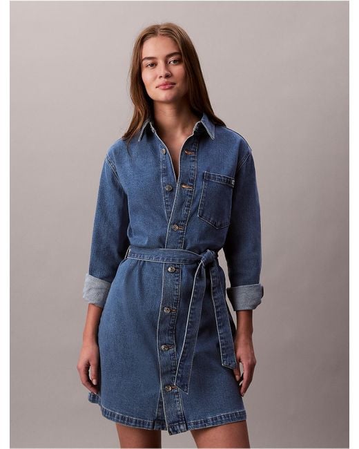 Calvin Klein Blue Calvin Klein Denim Mini Tie Belt Shirt Dress