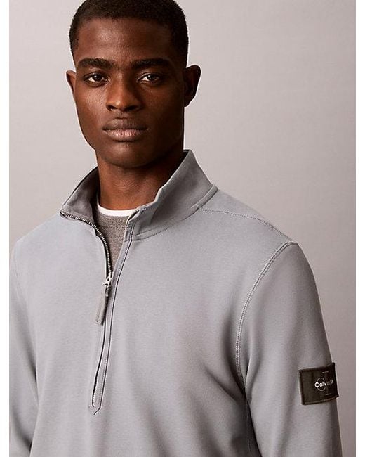 Calvin Klein Gray Jeans Cotton Terry Quarter Zip Sweatshirt for men